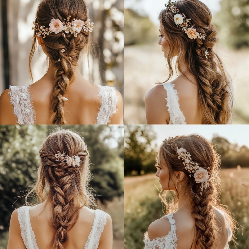 A bride displaying a braided half-up, half-down hairstyle, showcasing her lovely locks with a decorative floral accent, exuding chic bohemian charm.