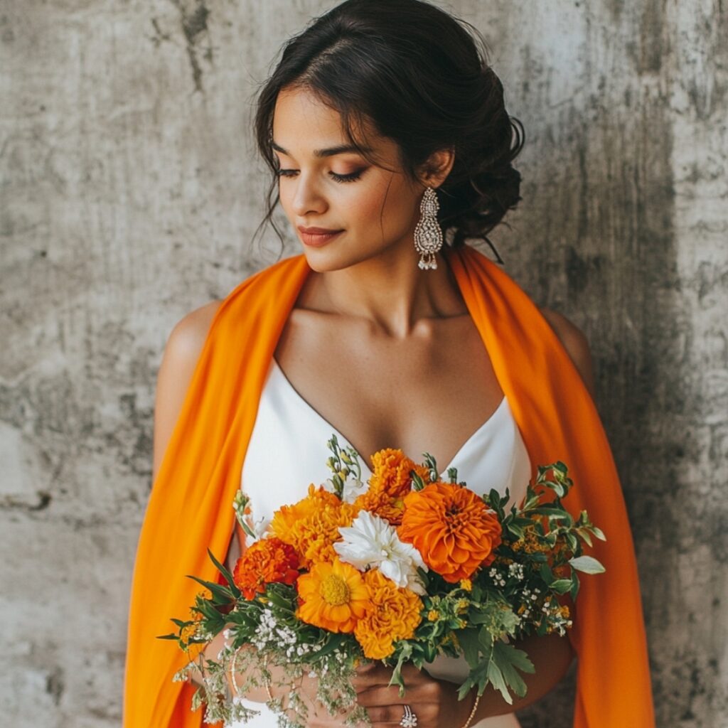 Bridal attire featuring a classic white gown paired with marigold bouquet and orange shawl, highlighting bold color accents for a unique bridal look.