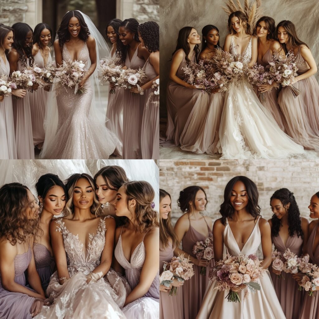 An image of a bride in a champagne gown with mauve accents, surrounded by bridesmaids in mauve dresses, exemplifying stylish bridal attire that harmonizes beautifully.