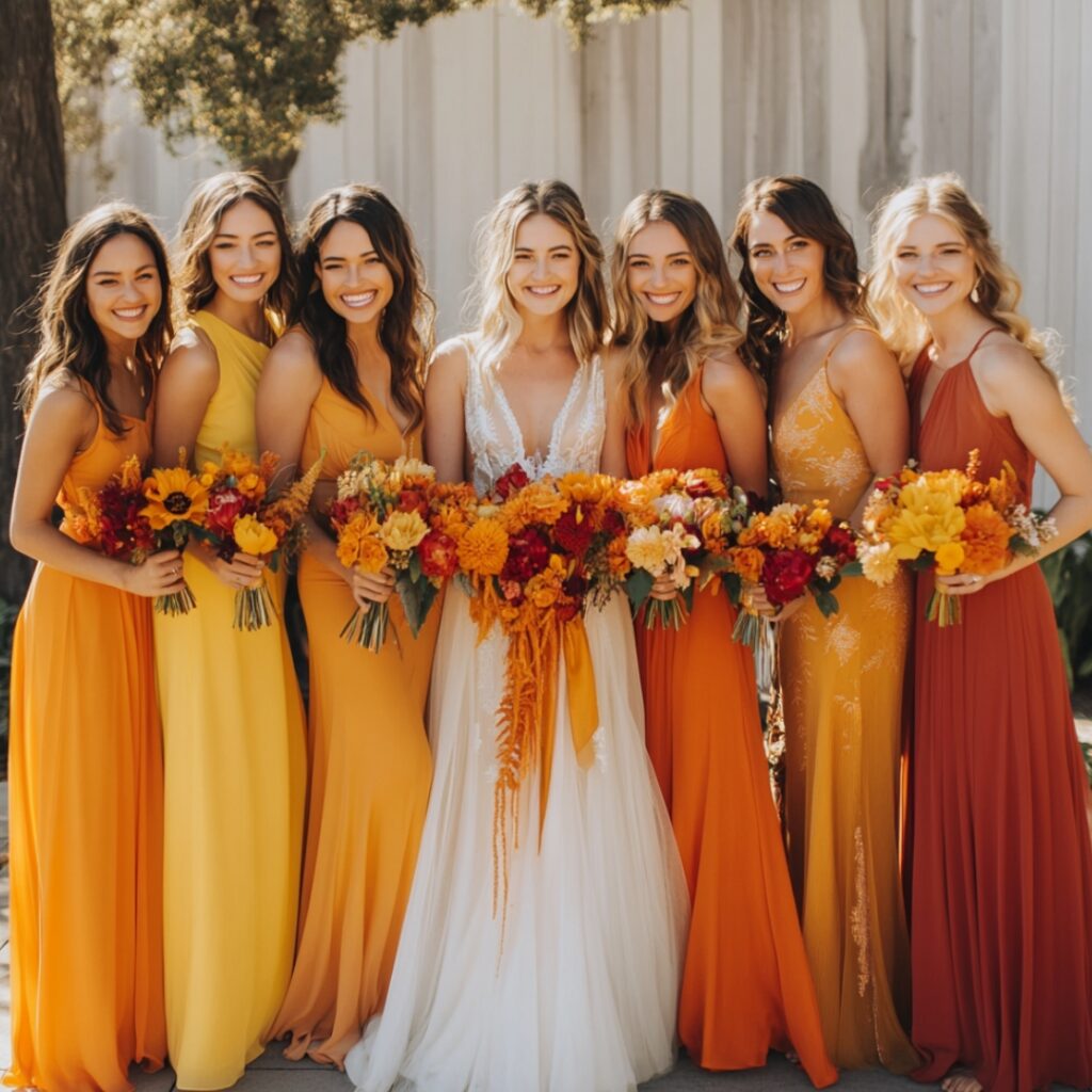 Bridesmaid dresses in marigold and orange hues, showcasing various styles and mixing options, enhanced with complementary accessories for a cohesive look.