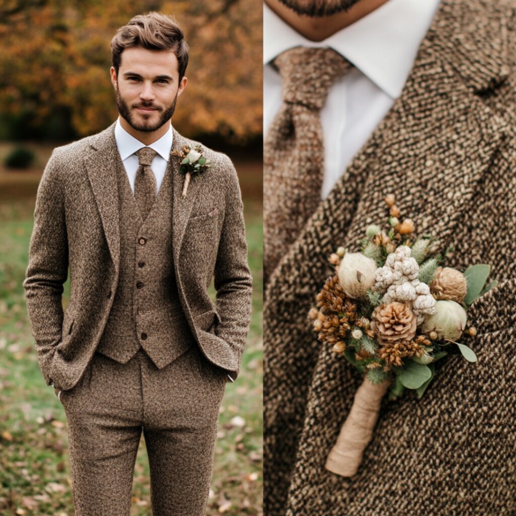 Brown tweed suits paired with earthy tones evoke a cozy, vintage charm, ideal for barn or outdoor fall weddings.