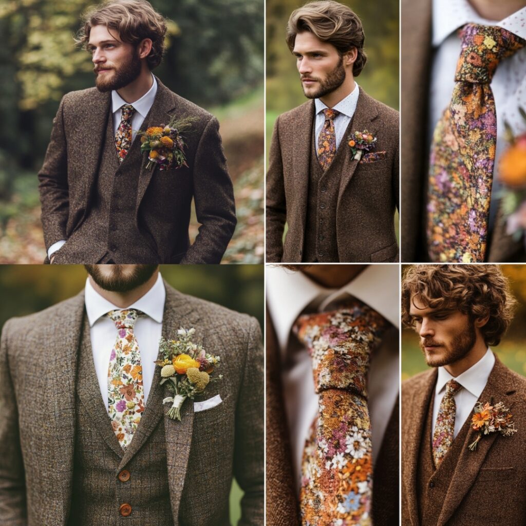 A groom in a cozy brown wool suit, paired with a floral tie in autumn shades, ideal for a relaxed, rustic September wedding.