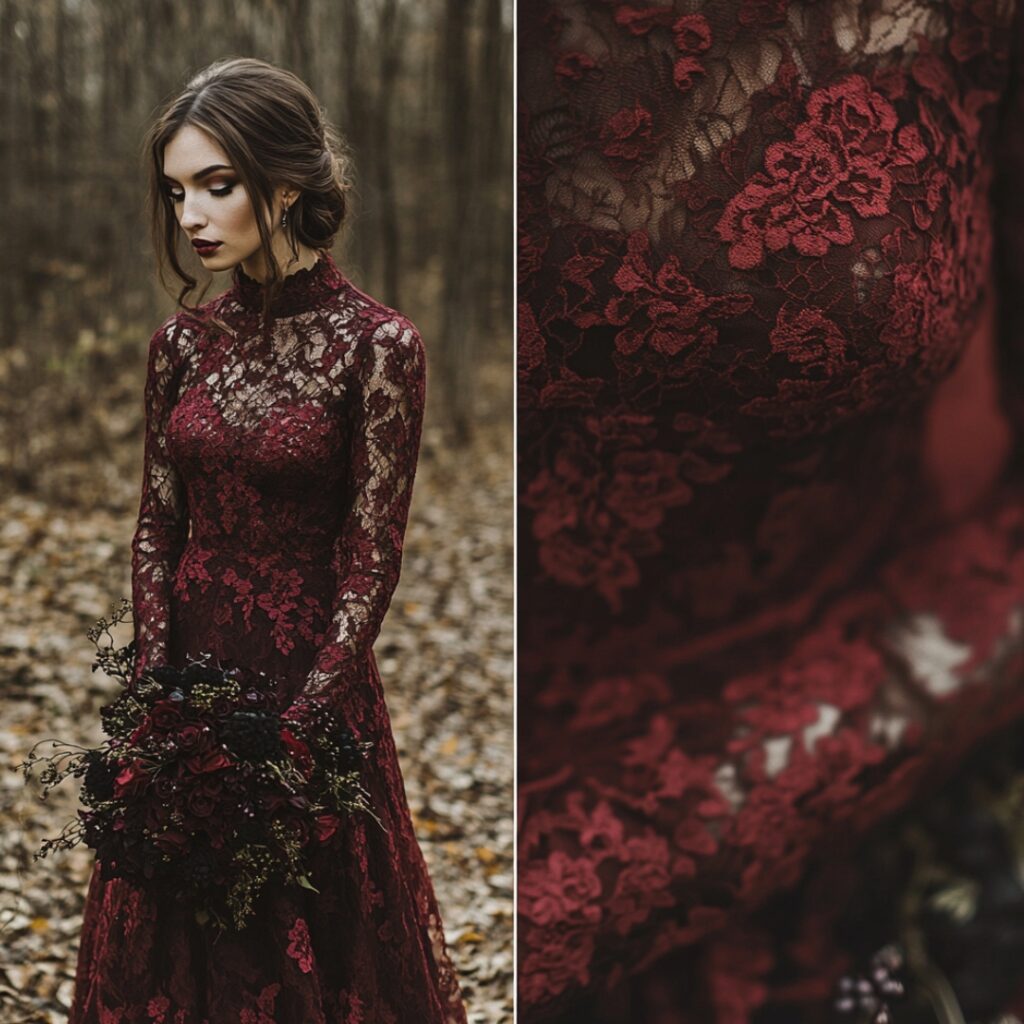 A bold burgundy lace bridesmaid dress with a vintage gothic feel, bringing drama and elegance to a romantic Halloween wedding.