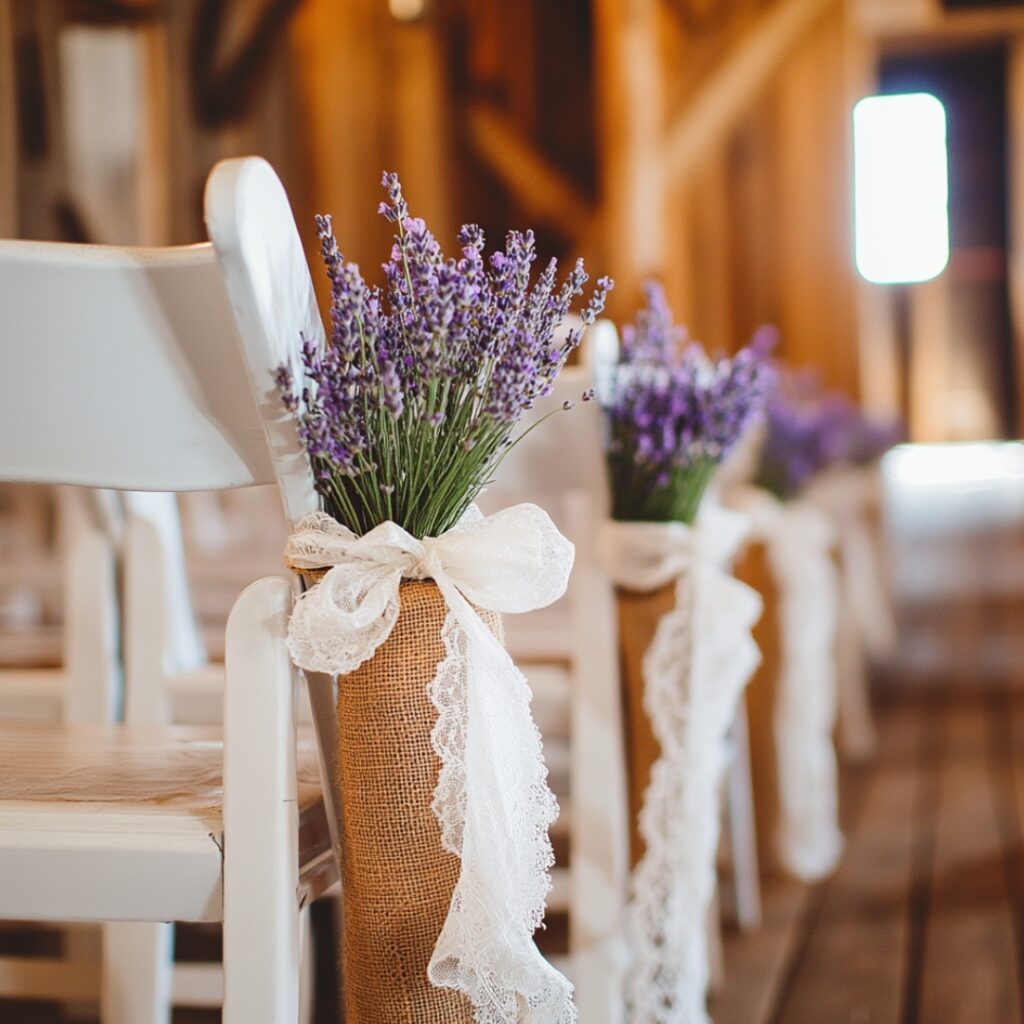 Burlap and lace sashes tied to chairs along the aisle, accented with lavender sprigs, bring a romantic and rustic charm to the barn wedding ceremony.