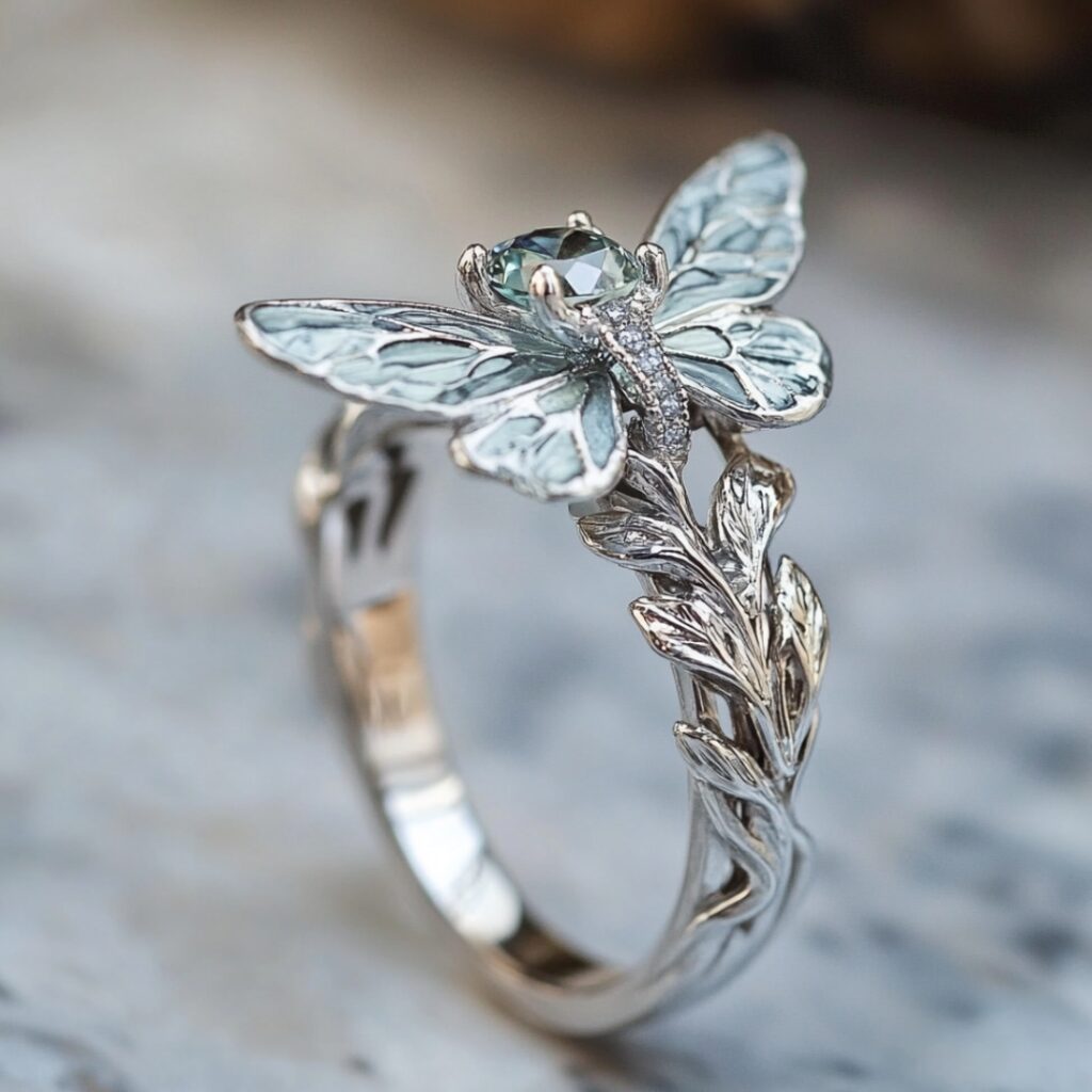 Butterfly-inspired engagement ring featuring delicate butterfly wing details and a brilliant gemstone, perfect for brides seeking a whimsical, nature-inspired design.