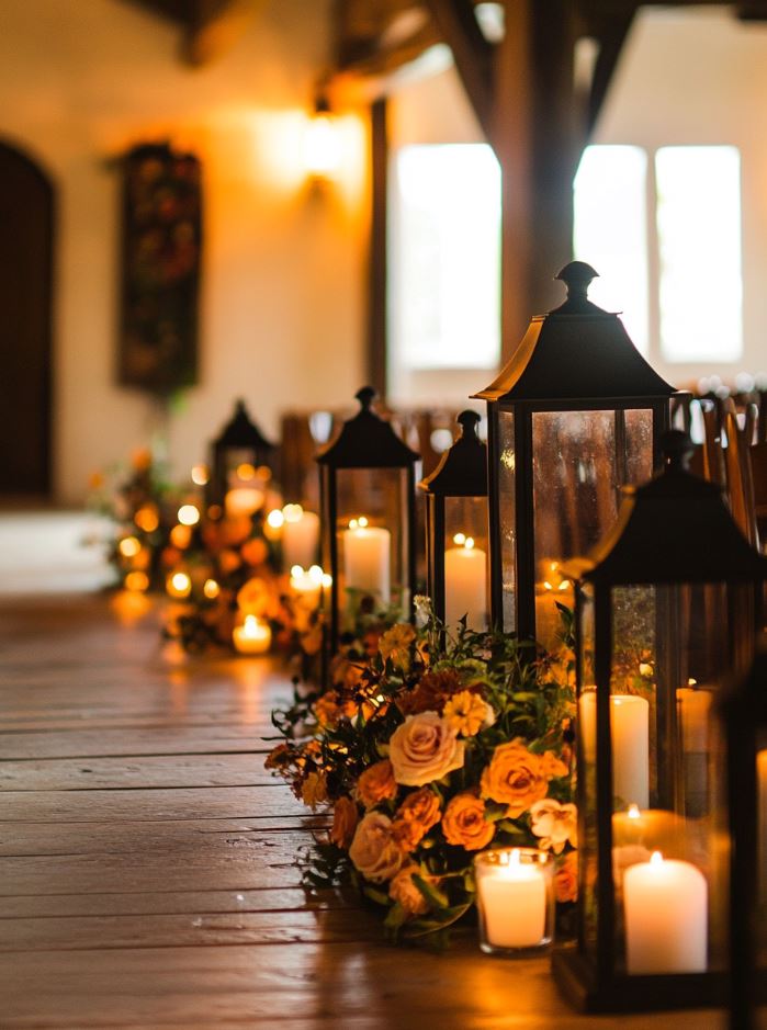 Wedding ceremony lit by soft candlelight, with candles placed along the aisle and in lanterns, creating a warm and intimate atmosphere for the autumn celebration.