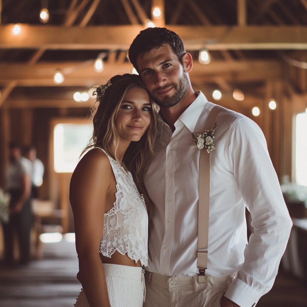 Casual chic barn wedding couple, with the groom in a white shirt with suspenders and the bride in a short lace dress, creating a relaxed, elegant vibe.