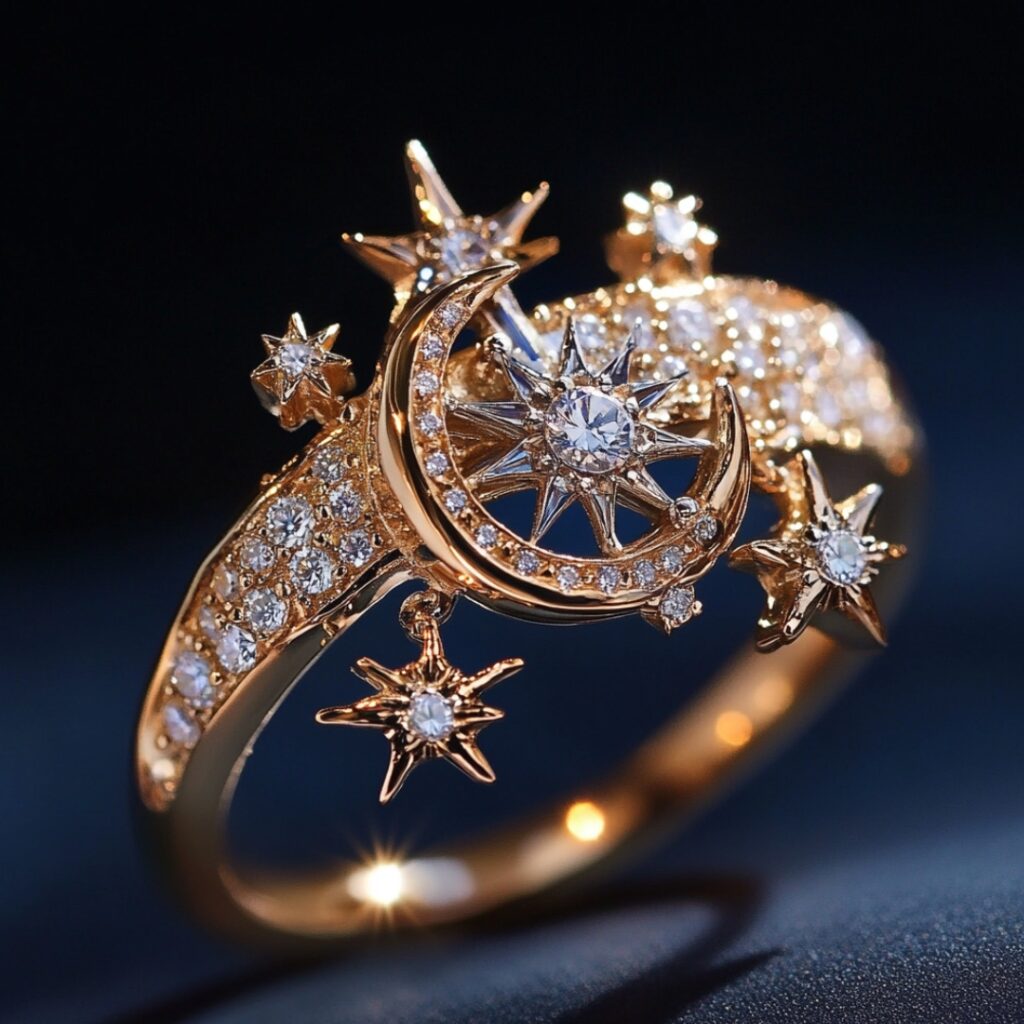 A celestial-themed whimsical engagement ring adorned with star and moon motifs, enhanced by sparkling diamonds resembling stardust.