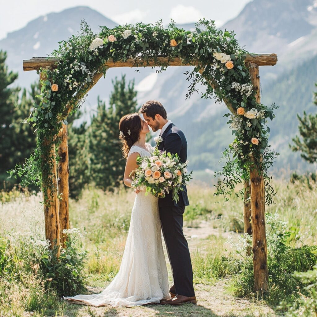 A wooden arch adorned with greenery and blooms frames the couple against a majestic mountain backdrop, creating an elegant, nature-infused wedding setting.