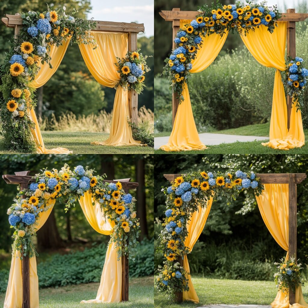 A stunning wedding ceremony arch featuring a rustic wooden frame adorned with bright yellow sunflowers, delicate blue hydrangeas, and cascading greenery, complemented by flowing yellow drapes.