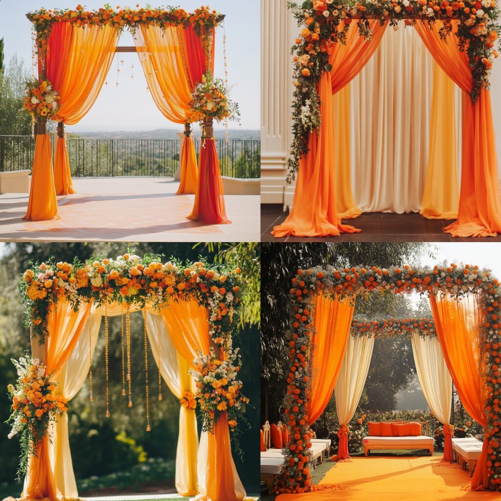 Inviting ceremony decor featuring marigold and orange fabrics and floral arches, creating a beautiful focal point for the wedding day backdrop.