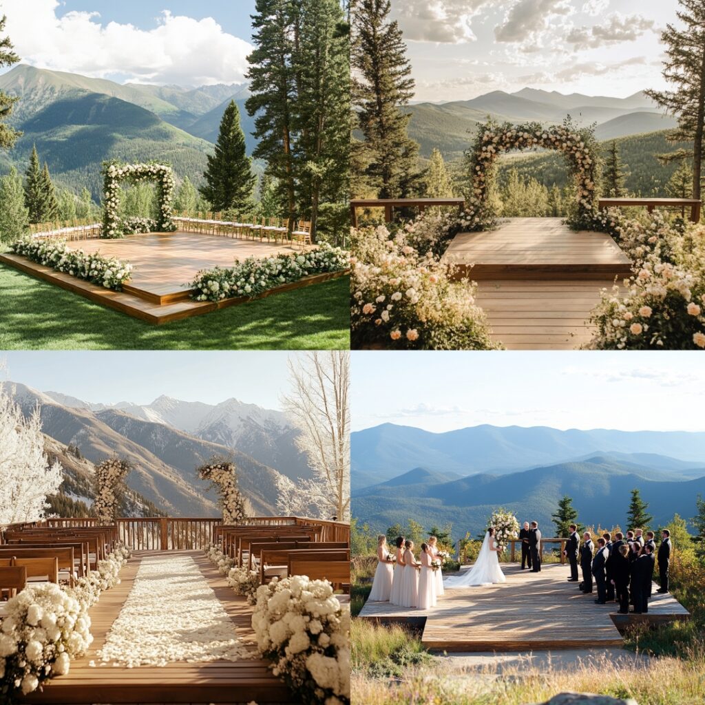 A raised wooden platform provides panoramic mountain views, ensuring an unobstructed, stunning backdrop for the couple's vows and an unforgettable guest experience.