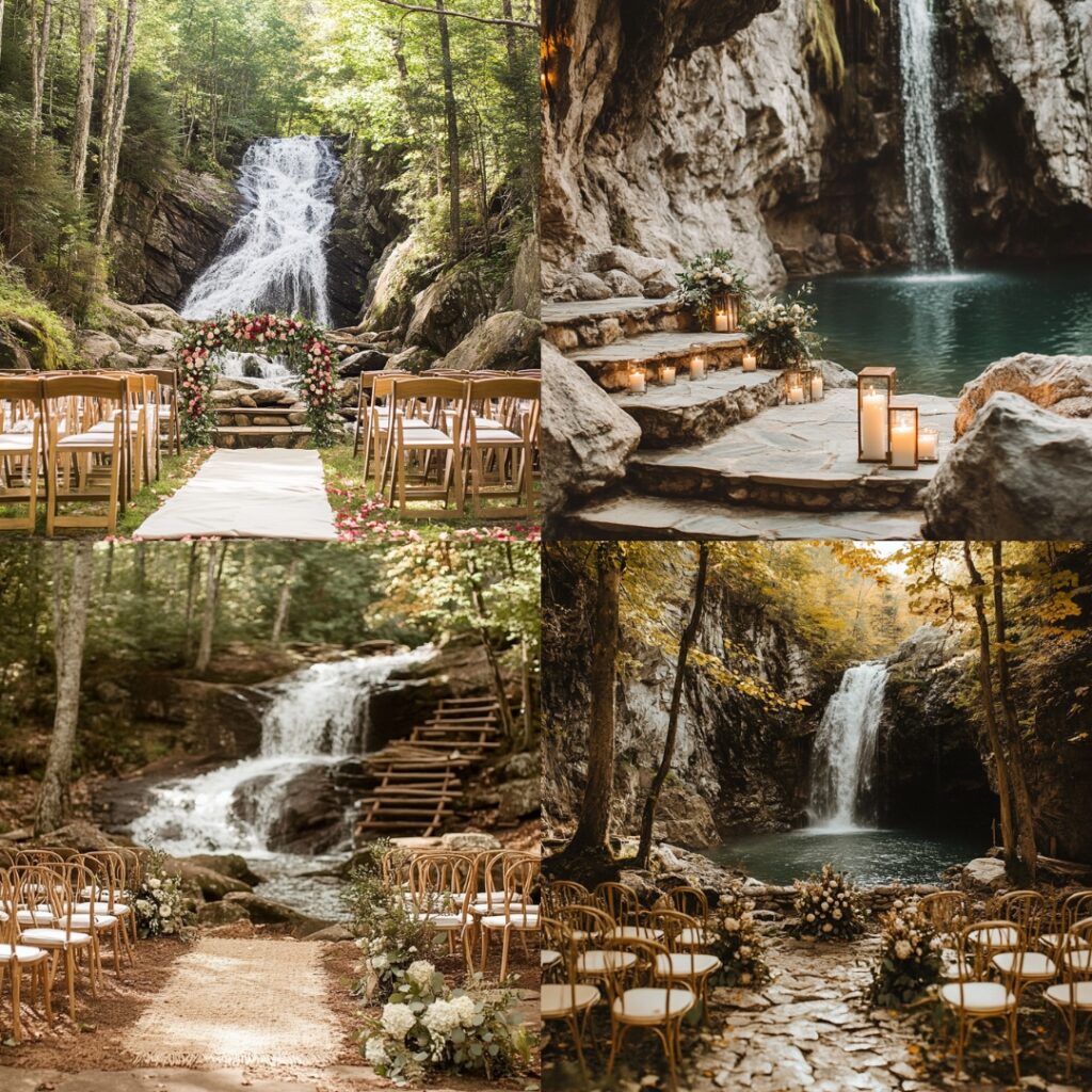 A mountain ceremony near a cascading waterfall creates a serene, ethereal atmosphere, blending natural beauty with a magical, nature-inspired wedding setting.