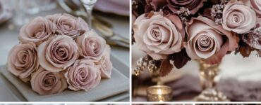 A summary image illustrating the cohesive aesthetic of champagne and mauve in wedding décor, attire, and floral designs, emphasizing romance and sophistication for a memorable celebration.