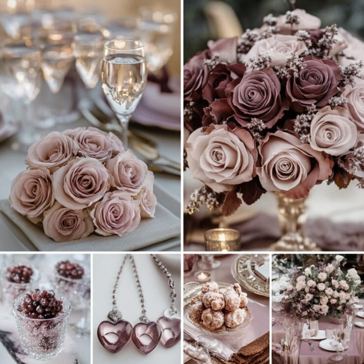 A summary image illustrating the cohesive aesthetic of champagne and mauve in wedding décor, attire, and floral designs, emphasizing romance and sophistication for a memorable celebration.