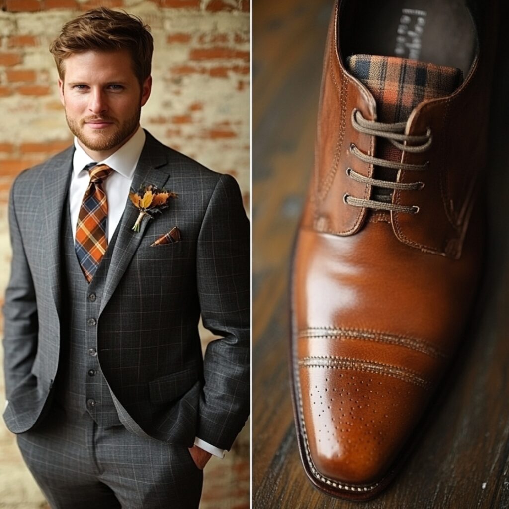 A groom in a charcoal gray suit, accented with a plaid tie and pocket square, paired with brown leather shoes for a subtle autumn touch.