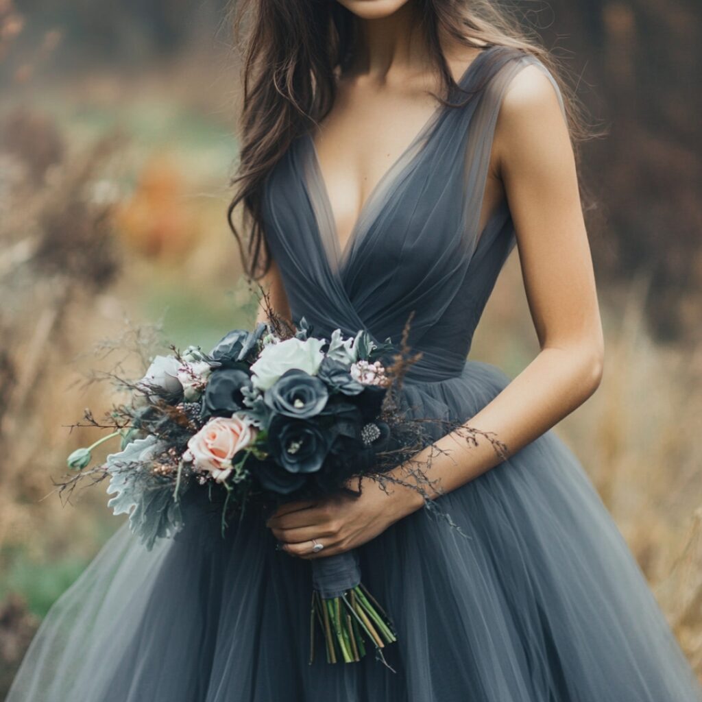 A dreamy charcoal tulle bridesmaid dress with soft layers creating a ghostly, ethereal look, perfect for an enchanting Halloween wedding.