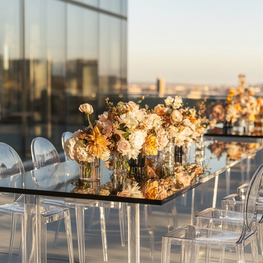 Modern rooftop wedding decor featuring sleek furniture, minimalist floral arrangements, geometric elements, metallic accents, and clear acrylic chairs for a chic, contemporary vibe.