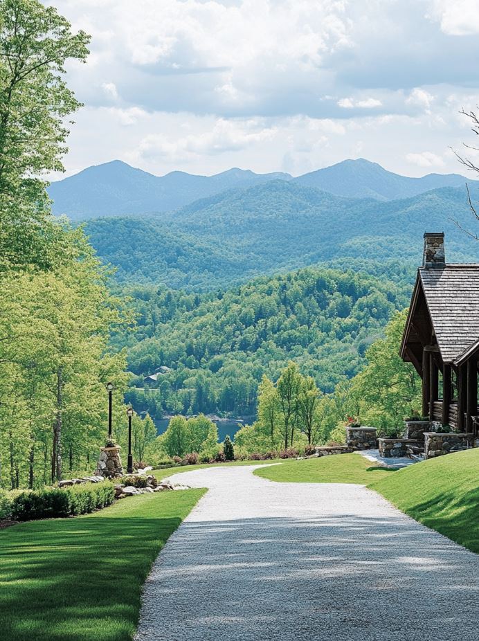 A beautiful mountain landscape with a secluded mountaintop, ideal for a mountain view wedding, showcasing a scenic valley and elegant lodge setting.