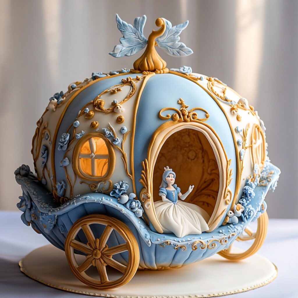 A beautifully sculpted round cake resembling Cinderella’s iconic pumpkin carriage, decorated with blue and gold fondant details for a magical centerpiece.