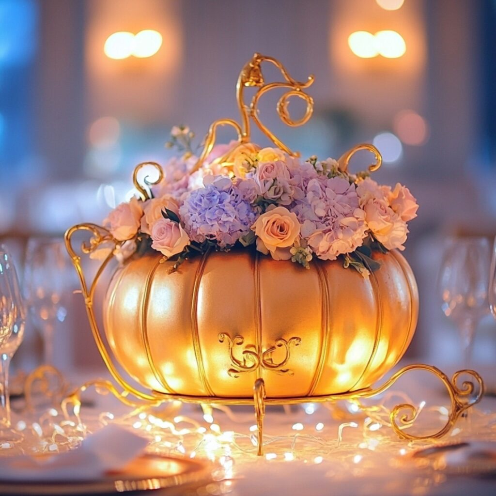 A golden pumpkin carriage centerpiece filled with pastel blooms and surrounded by fairy lights, inspired by "Cinderella," perfect for a dreamy Disney-themed wedding.