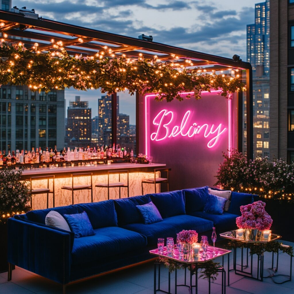 Custom neon or metallic cityscape-inspired signage personalizes the rooftop wedding décor, adding a trendy urban touch to the event.