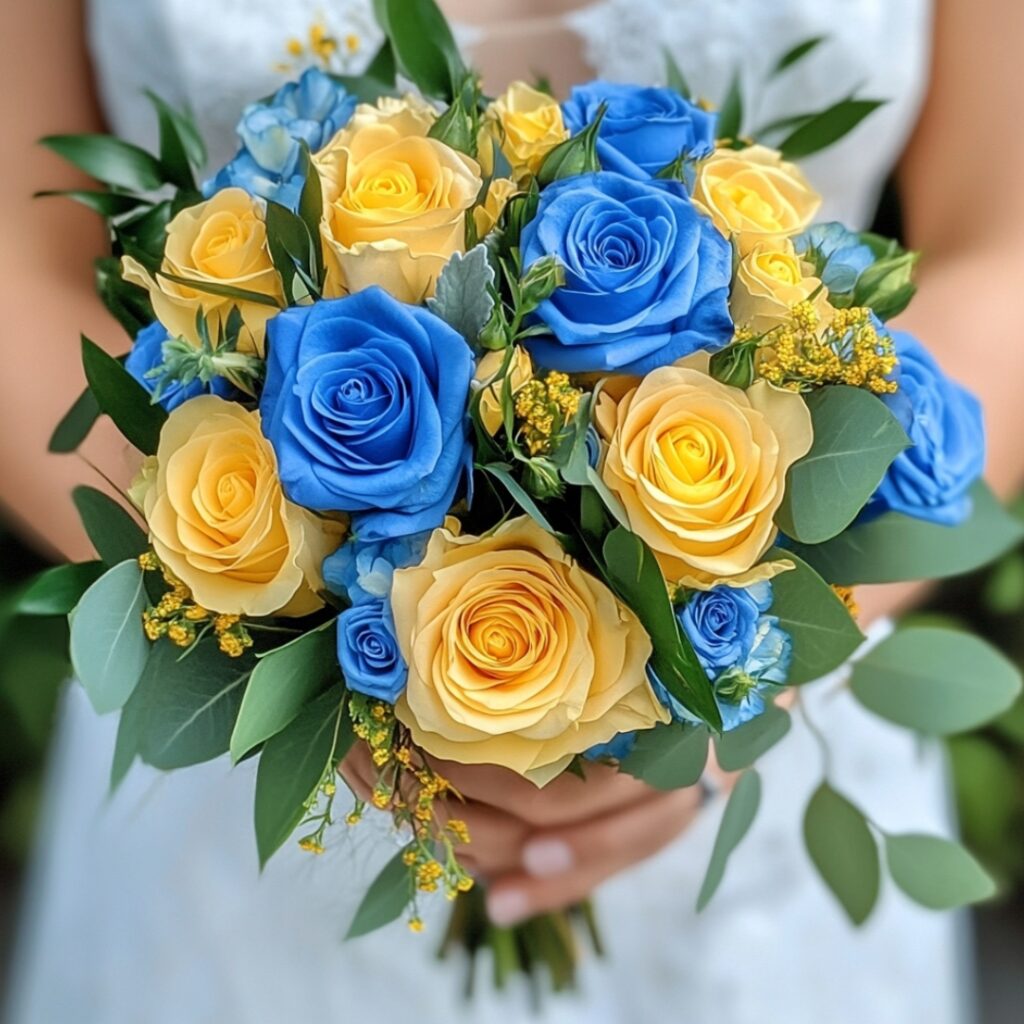 Stunning bouquet of vibrant blue and yellow roses symbolizing love and friendship, perfect for a romantic wedding theme with lush greenery accents.