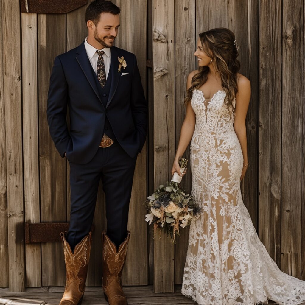 Classic country elegance barn wedding couple, with the groom in a navy suit and bolo tie, and the bride in a traditional lace gown, both wearing cowboy boots.