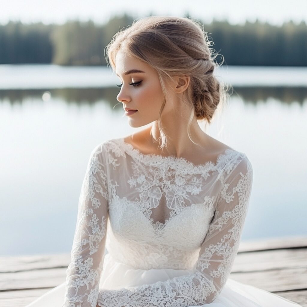 A classic lace wedding dress with delicate lace bodice and sleeves, flowing chiffon skirt, perfect for a romantic lakefront ceremony.