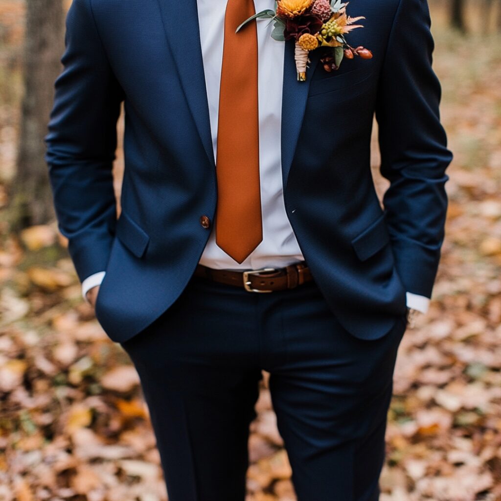 A groom wearing a classic navy suit with fall accents, including a burnt orange tie and rust-colored boutonniere, paired with a crisp white shirt and brown leather shoes.