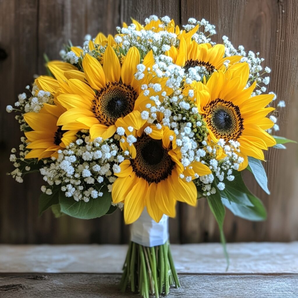 A vibrant sunflower bouquet with delicate baby's breath, blending bold yellow petals and soft white blooms for a romantic, rustic look.