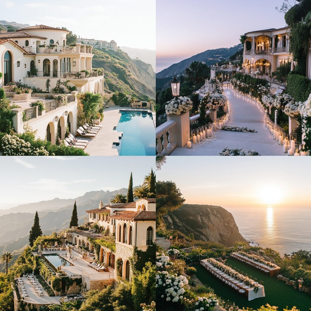 A luxurious cliffside estate with sprawling terraces and panoramic mountain views provides an elegant and breathtaking setting for your wedding day.