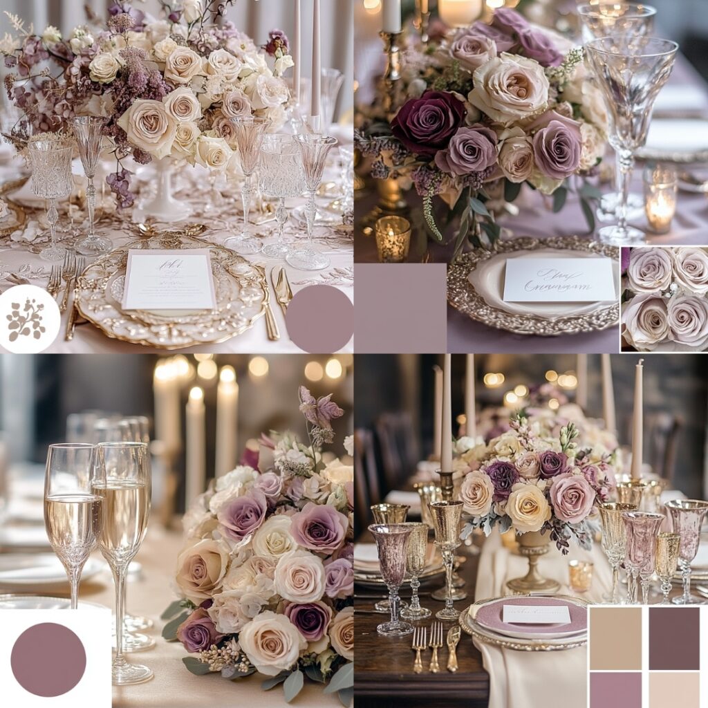 A visual showcasing the enchanting color palette of champagne and mauve, highlighting its elegance and warmth for a romantic wedding ambiance.