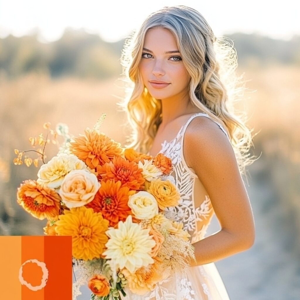 Vibrant marigold and orange wedding color palette showcasing warmth and joy, perfect for summer or fall celebrations with elegant neutral accents.