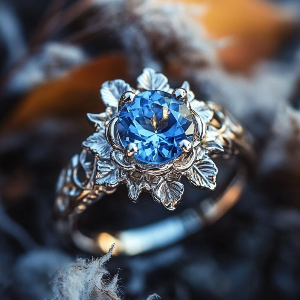 A whimsical engagement ring with a vibrant gemstone, like sapphire or aquamarine, surrounded by intricate details for a playful and unique touch.