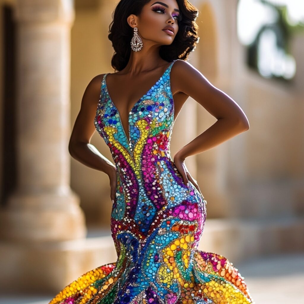 Bold and vibrant colorful mermaid dress that reflects personality, enhancing the figure with unique embellishments and patterns for a joyful wedding celebration.