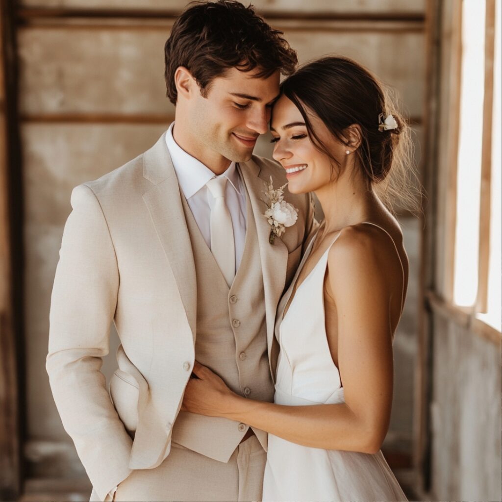 Timeless barn wedding couple in coordinated neutral outfits, with the groom in a beige suit and the bride in an ivory gown with minimalist details.