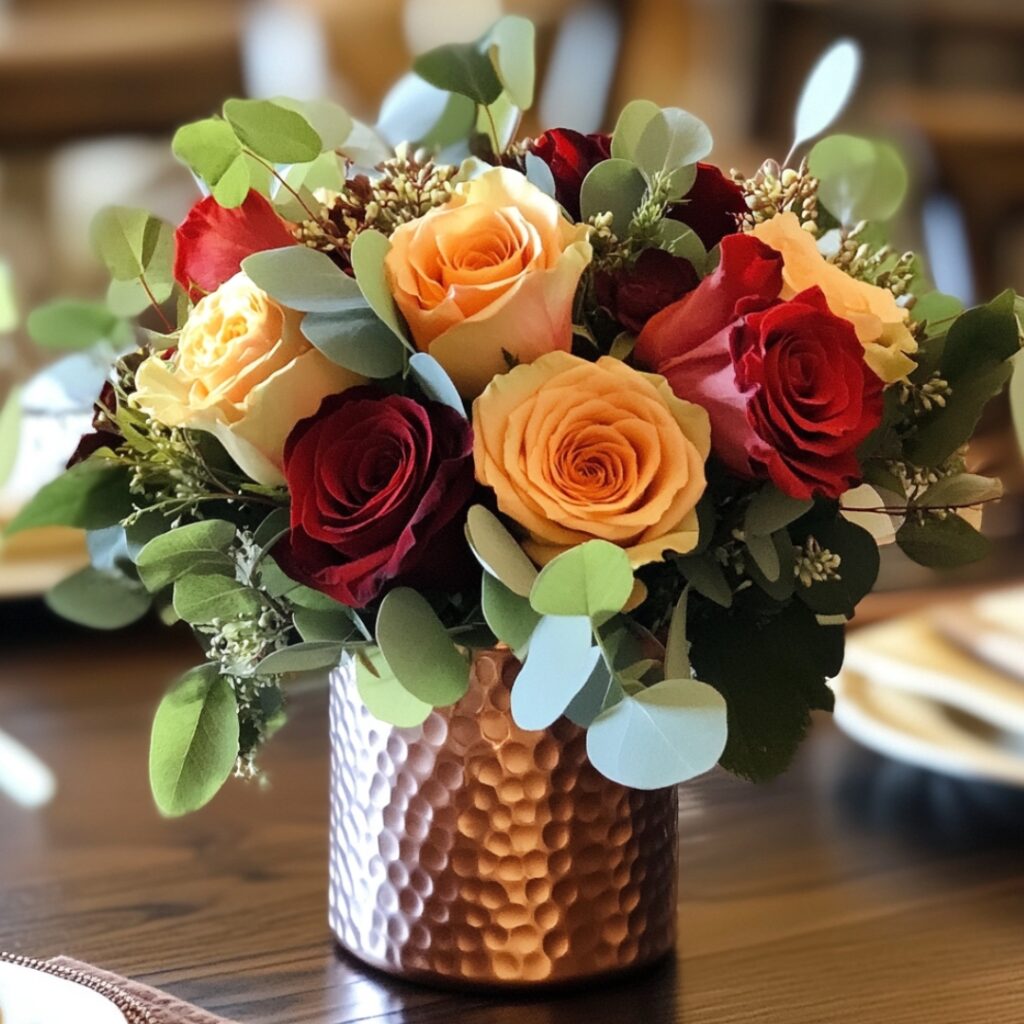 Autumn centerpiece with orange, red, and blush roses in a copper vase, accented by seeded eucalyptus and greenery, adding warmth and sophistication to a fall tablescape.