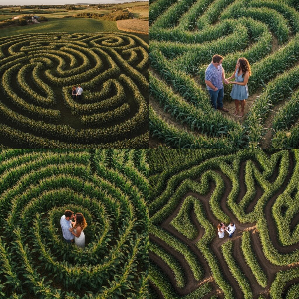 A fun and whimsical corn maze proposal in September, with a surprise engagement revealed among the maze’s twists and turns.