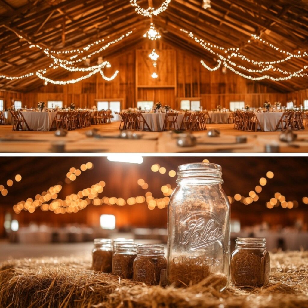 A cozy barn wedding in September, decorated with string lights, burlap, mason jars, and hay bales, creating a warm, rustic ambiance with comfort foods.