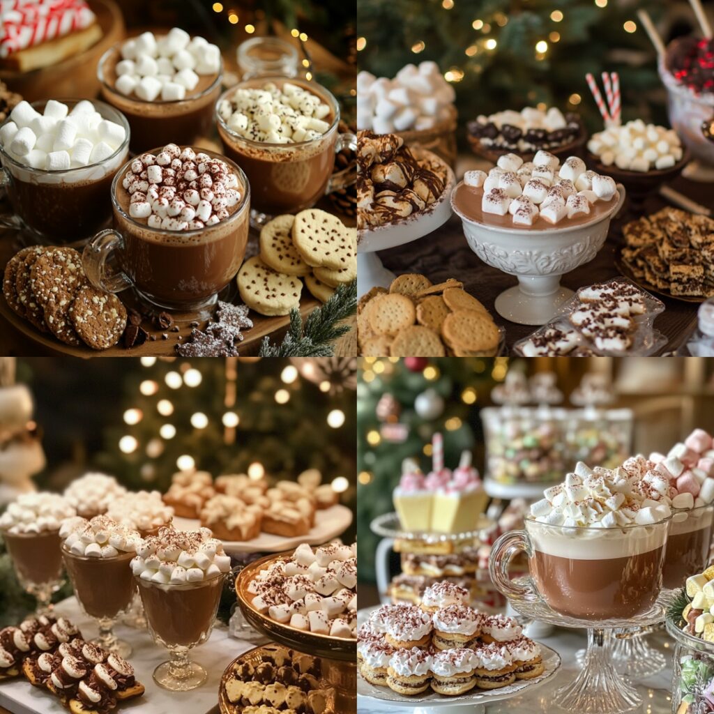 A cozy hot cocoa bar featuring gourmet hot chocolates with toppings like marshmallows and whipped cream, alongside treats like s’mores and cookies, creating a festive atmosphere.