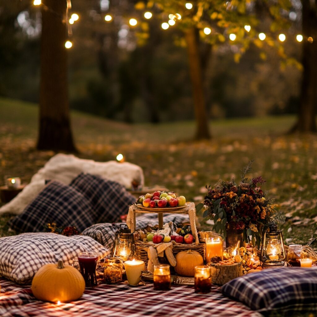 A cozy fall engagement picnic with plaid blankets, pillows, apple cider, pumpkin desserts, and seasonal decor under twinkling lights.