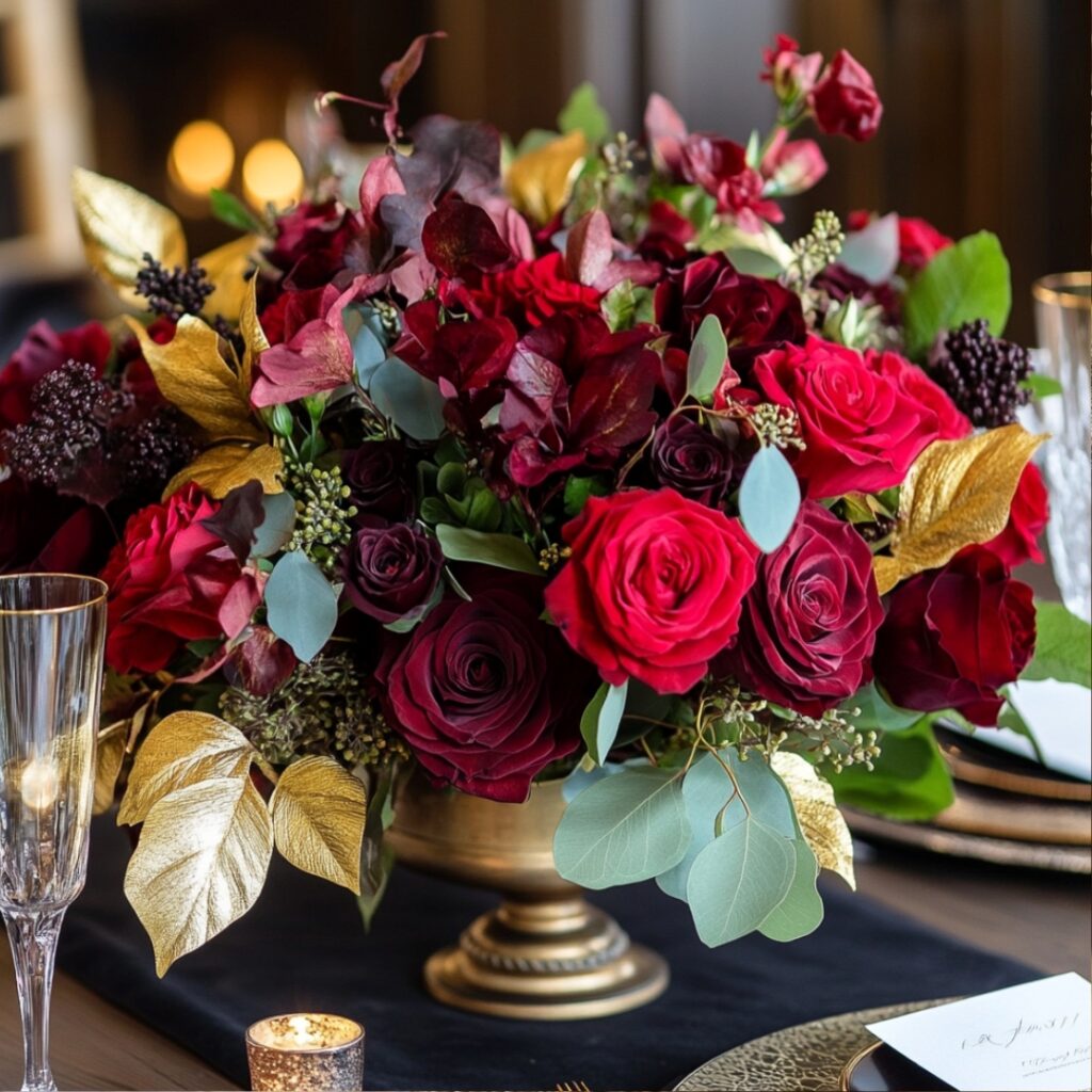 An elegant fall floral arrangement with deep red roses, burgundy peonies, and gold-dusted leaves, offering a luxurious and sophisticated centerpiece for formal occasions.