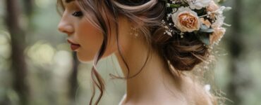 Bride embracing a cross-country wedding hairstyle, reflecting romance and adventure with timeless chignons, whimsical braids, and natural beauty in an outdoor setting.