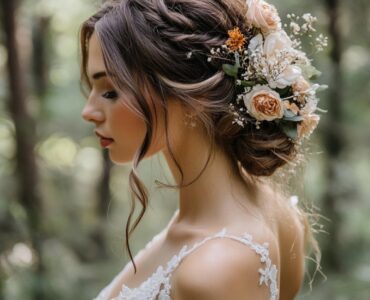 Bride embracing a cross-country wedding hairstyle, reflecting romance and adventure with timeless chignons, whimsical braids, and natural beauty in an outdoor setting.