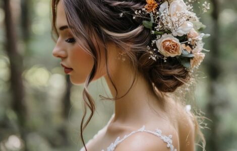 Bride embracing a cross-country wedding hairstyle, reflecting romance and adventure with timeless chignons, whimsical braids, and natural beauty in an outdoor setting.