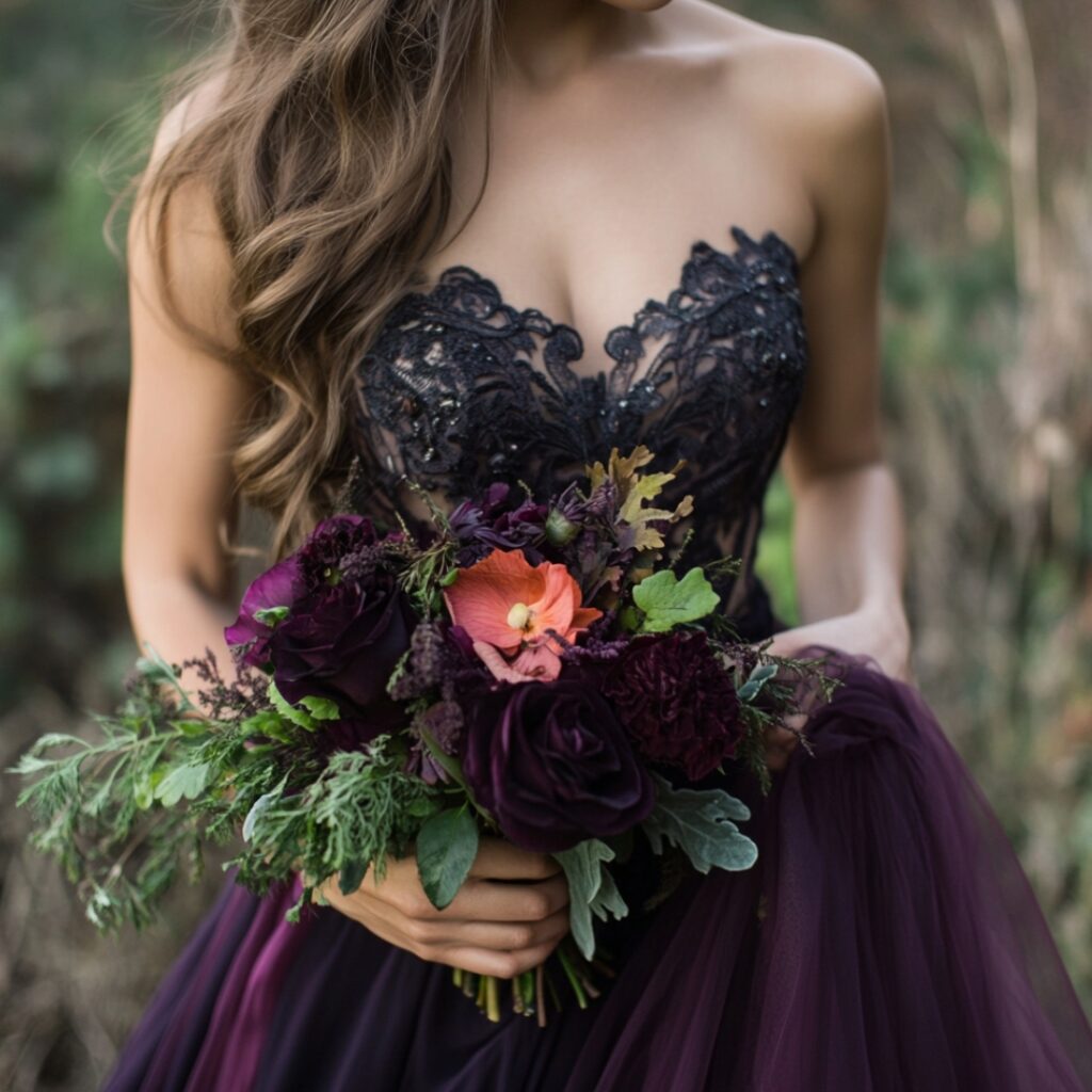A deep plum bridesmaid dress radiating gothic romance with rich jewel tones, lace details, and flowing chiffon for a Halloween wedding.