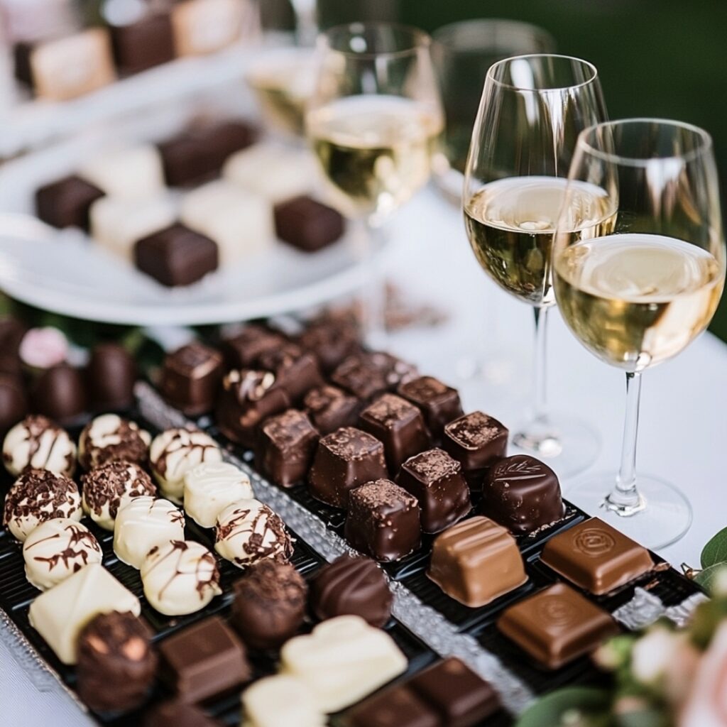A luxurious pairing of rich dark chocolates and sweet dessert wines, offering a sophisticated finale to your vineyard wedding celebration.