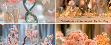 A collection of Disney-themed centerpieces showcasing whimsical, romantic, and adventurous designs from iconic films like "Cinderella," "Alice in Wonderland," and "The Lion King," perfect for creating a fairytale wedding atmosphere.