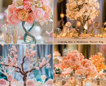 A collection of Disney-themed centerpieces showcasing whimsical, romantic, and adventurous designs from iconic films like "Cinderella," "Alice in Wonderland," and "The Lion King," perfect for creating a fairytale wedding atmosphere.